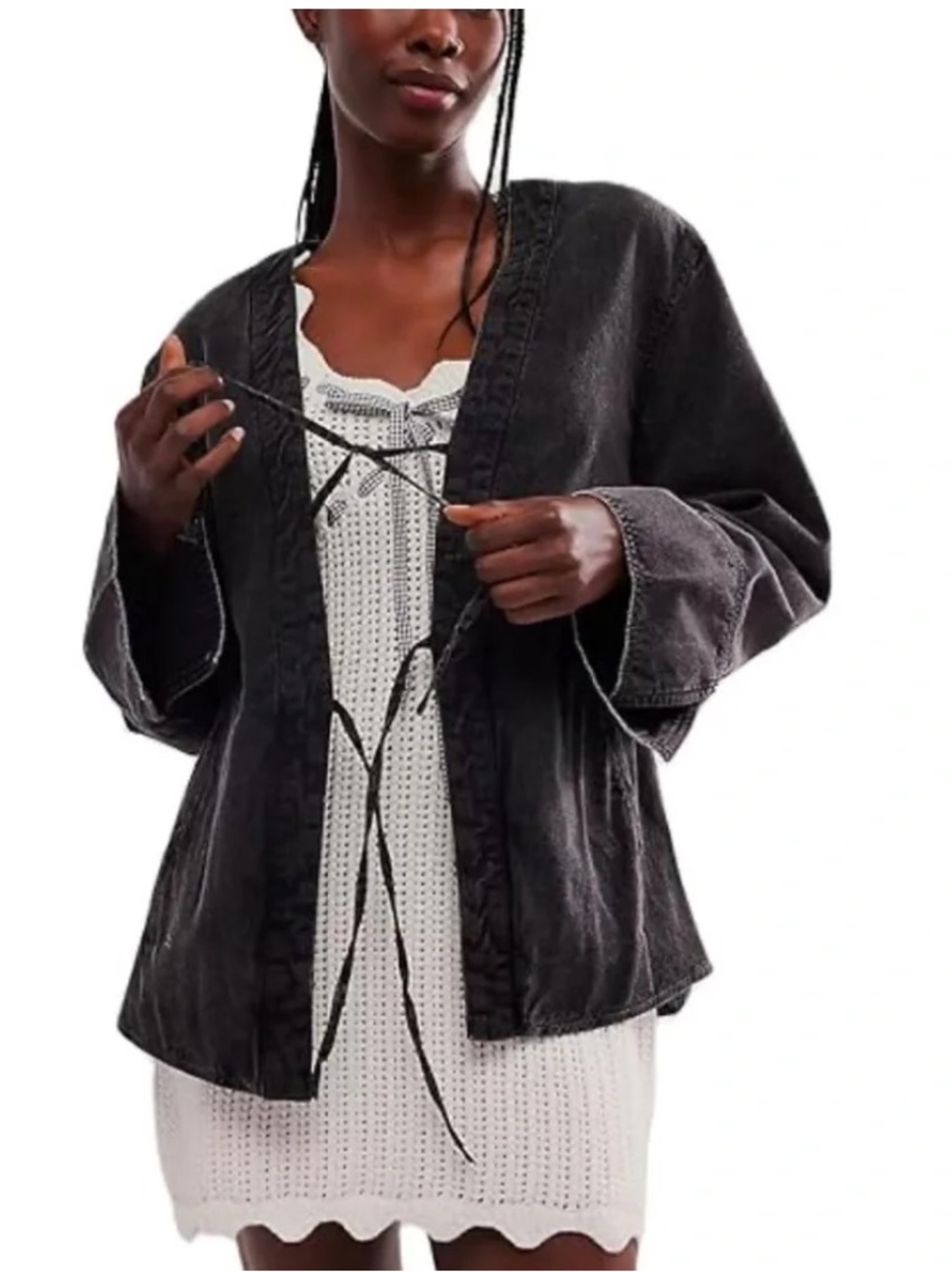 Free People Tie-Front Black Denim Jacket Dragonfly Wid